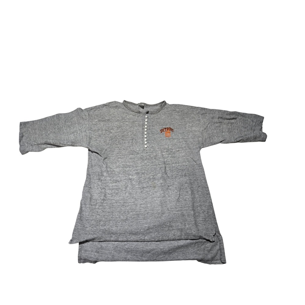 Vintage Detroit Tigers Henley Shirt Gray 3/4 Sleeve MLB Men's Medium Boxy